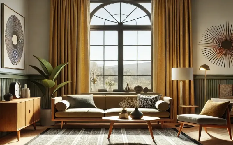 Cortinas de caída recta estilo Mid Century en salón elegante con gran ventanal arqueado