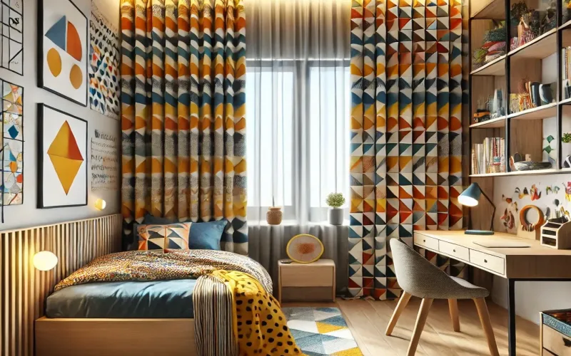 Cortinas geométricas estilo Mid Century en dormitorio juvenil creativo