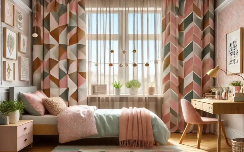 Cortinas geométricas estilo Mid Century en dormitorio juvenil luminoso