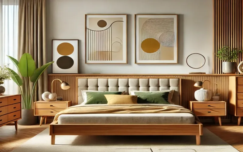 Cortinas lisas estilo Mid Century en dormitorio principal elegante y equilibrado