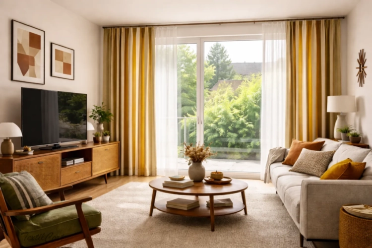 Cortinas estilo Mid Century en salón luminoso con ventanal y diseño retro moderno – TextilCort