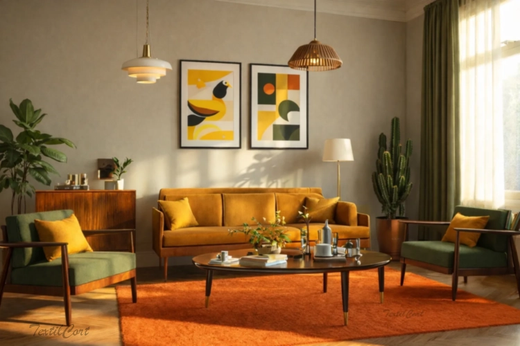 Cortinas lisas estilo Mid Century en salón con mobiliario icónico y tonos cálidos – TextilCort