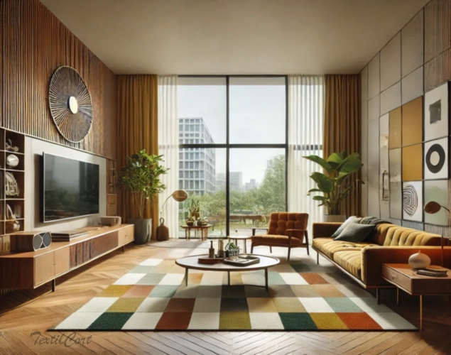 Cortinas y visillos estilo Mid Century en salón amplio con gran ventanal urbano – TextilCort