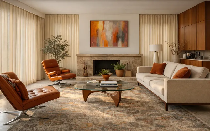 Cortinas lisas estilo Mid Century en salón elegante con chimenea y tonos cálidos – TextilCort
