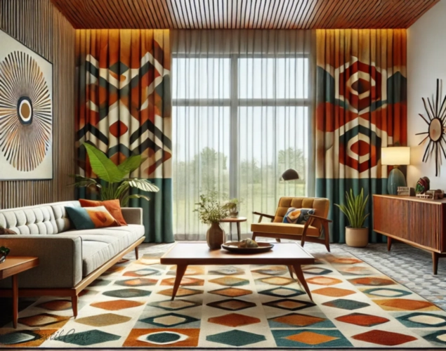 Cortinas geométricas Mid Century con visillos en salón de fuerte personalidad – TextilCort