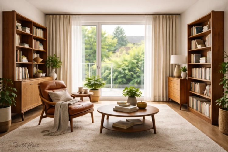 Cortinas claras Mid Century en salón de lectura con madera y líneas depuradas – TextilCort