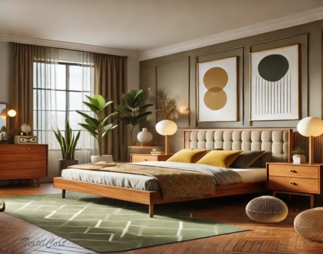 Cortinas estilo Mid Century en dormitorio principal con textiles cálidos y diseño retro – TextilCort