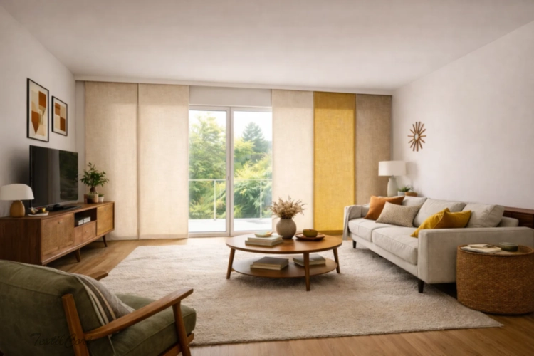 Panel japonés estilo Mid Century en salón amplio con ventanal y tonos cálidos – TextilCort