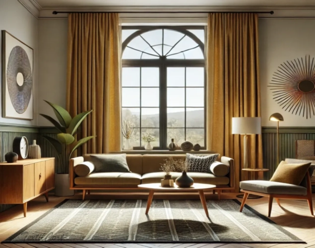 Cortinas de caída recta estilo Mid Century en salón elegante con gran ventanal arqueado – TextilCort