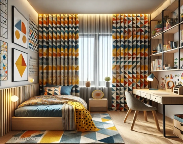 Cortinas geométricas estilo Mid Century en dormitorio juvenil creativo – TextilCort