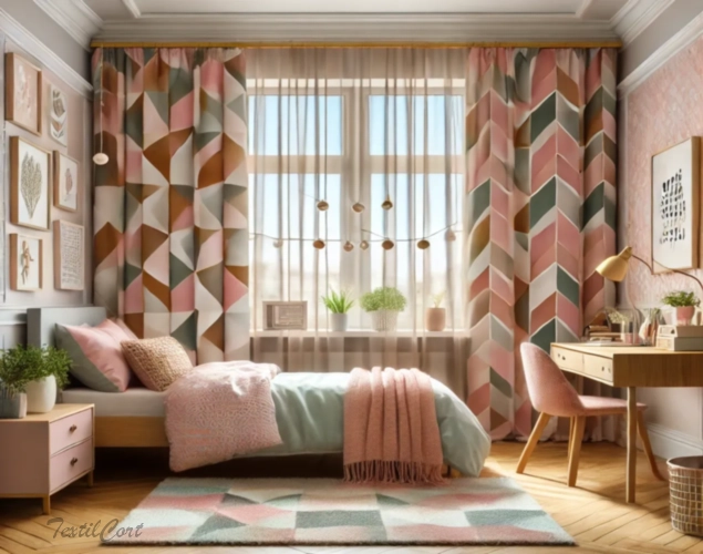 Cortinas geométricas estilo Mid Century en dormitorio juvenil luminoso – TextilCort