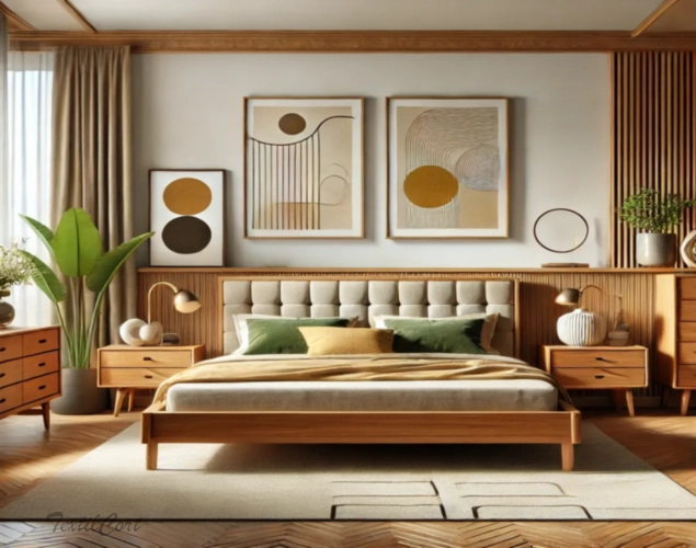 Cortinas lisas estilo Mid Century en dormitorio principal elegante y equilibrado – TextilCort