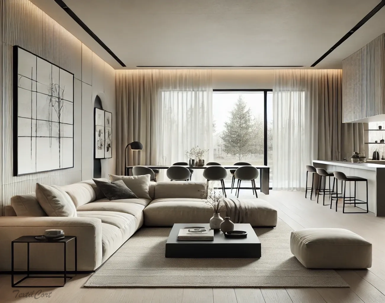 Cortinas estilo Minimalista en salón luminoso con ventanal y diseño contemporáneo