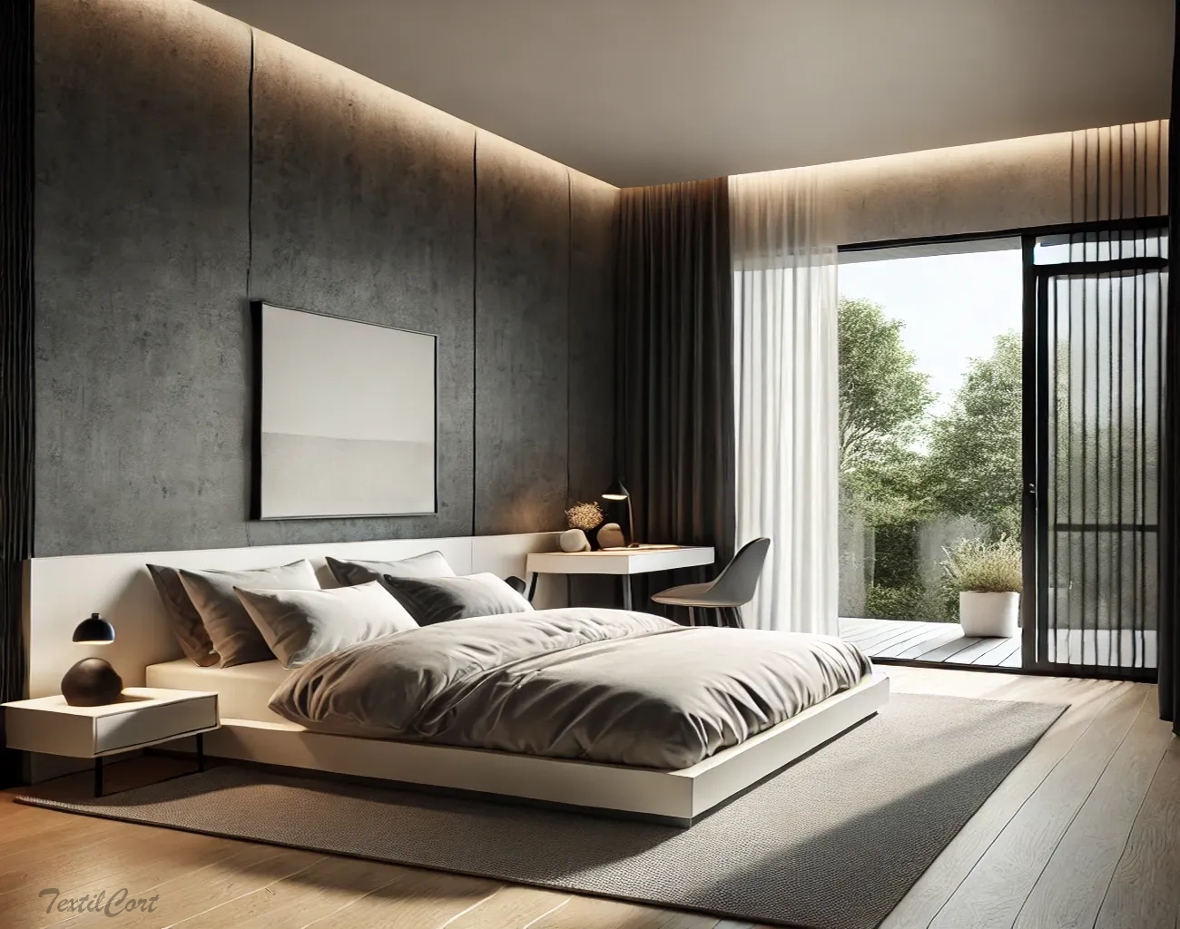 Cortinas estilo Minimalista en dormitorio con ventanal grande y decoración sobria