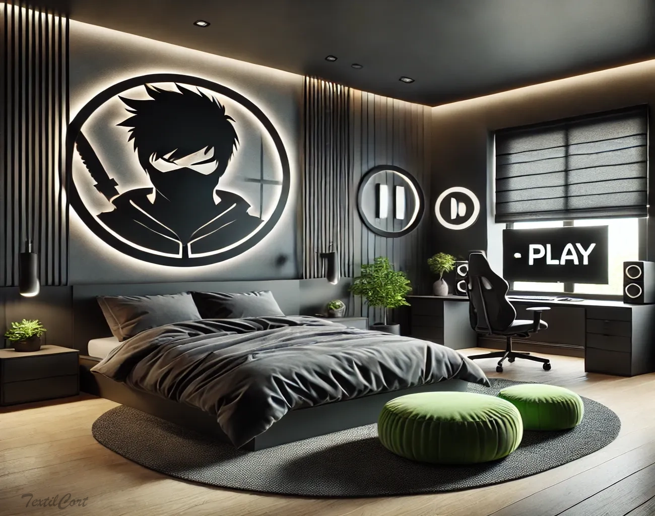 Cortinas estilo Minimalista en dormitorio juvenil con diseño moderno y tecnología