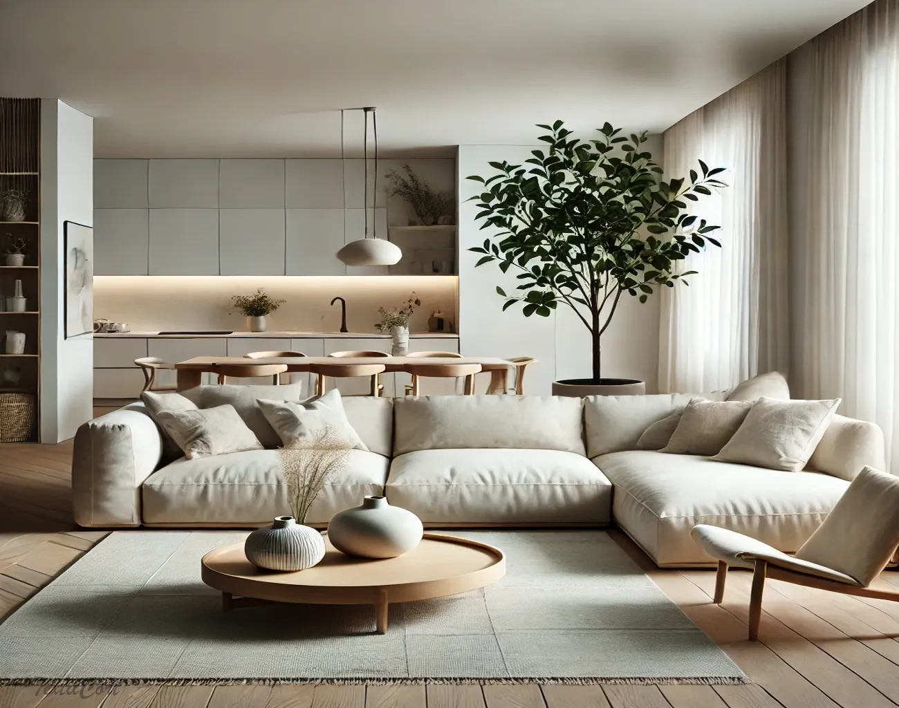 Cortinas estilo Minimalista en salón luminoso con cocina integrada