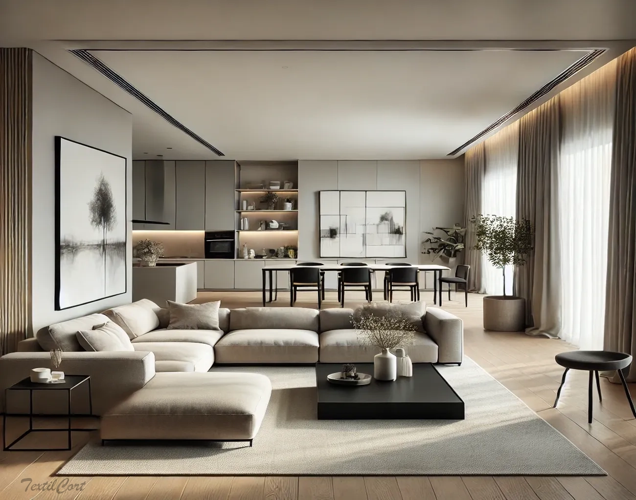 Cortinas estilo Minimalista en salón moderno con cocina integrada