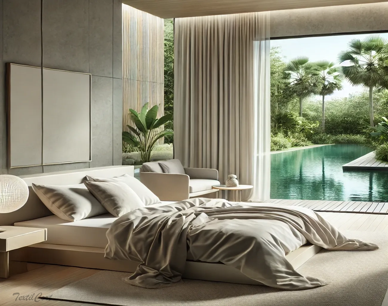 Cortinas estilo Minimalista en dormitorio luminoso con ventanal y vistas al jardín