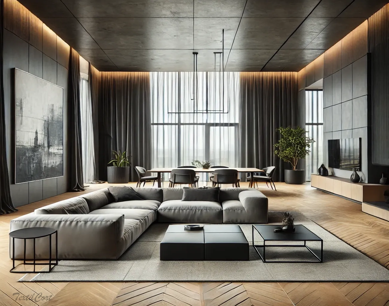 Cortinas estilo Minimalista en salón amplio con ventanales y diseño contemporáneo