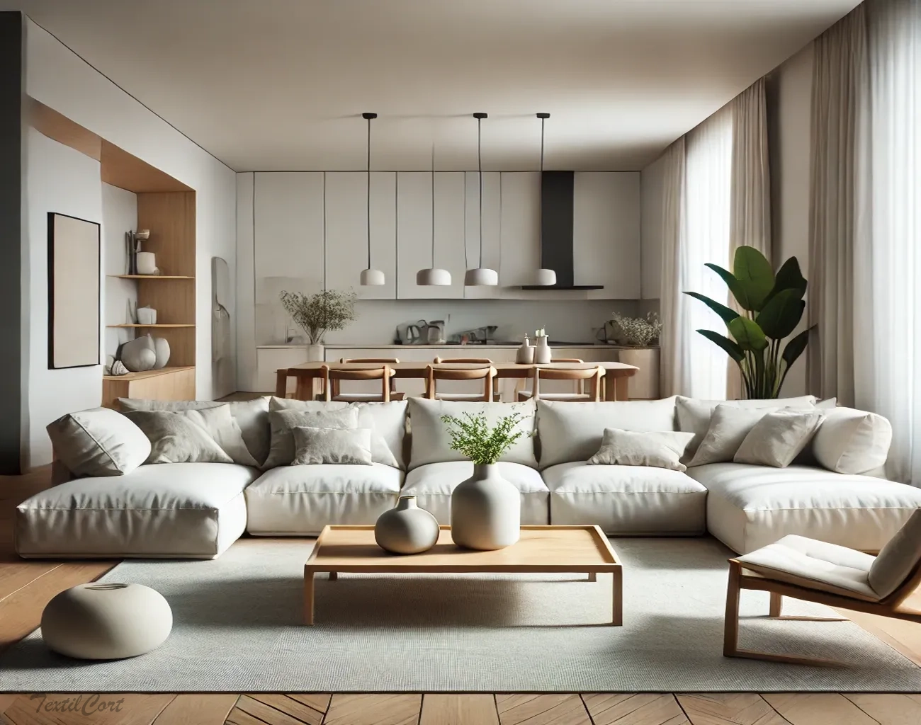 Cortinas estilo Minimalista en salón abierto con cocina y ventanales