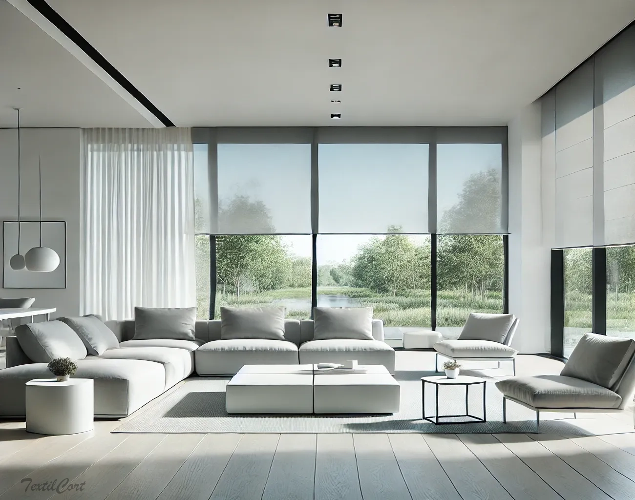 Ambiente decorativo de salón con cortinas de estilo minimalista