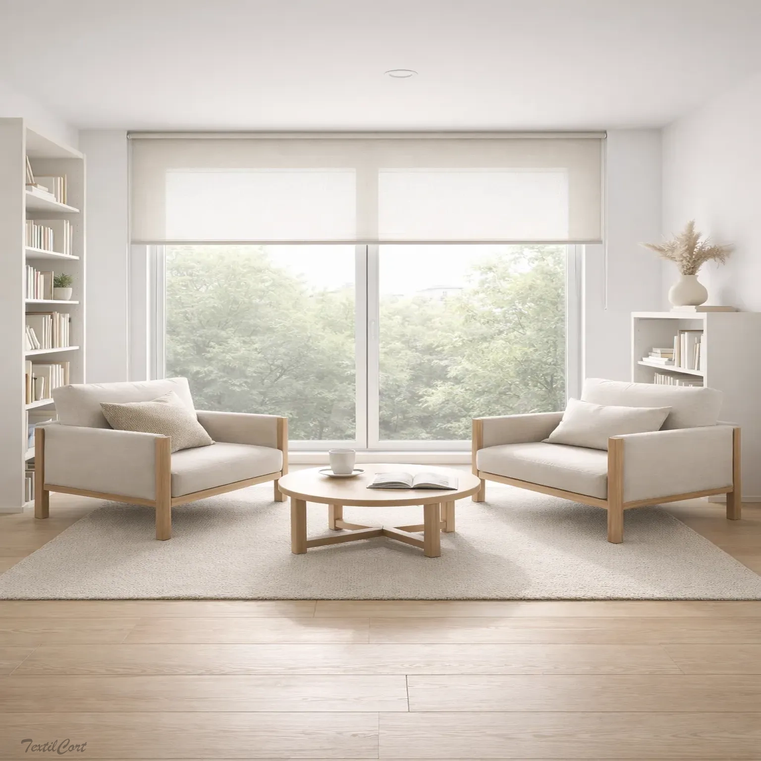 Cortinas estilo Minimalista en salón con estores enrollables y mobiliario sencillo