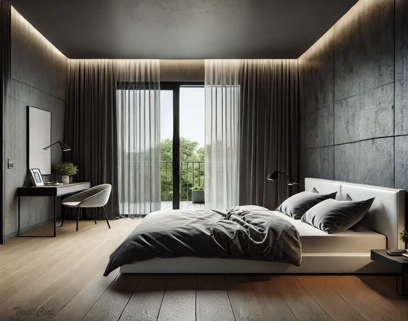 Cortinas estilo Minimalista en dormitorio moderno con ventanal grande