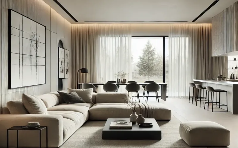 Cortinas estilo Minimalista en salón luminoso con ventanal y diseño contemporáneo – TextilCort