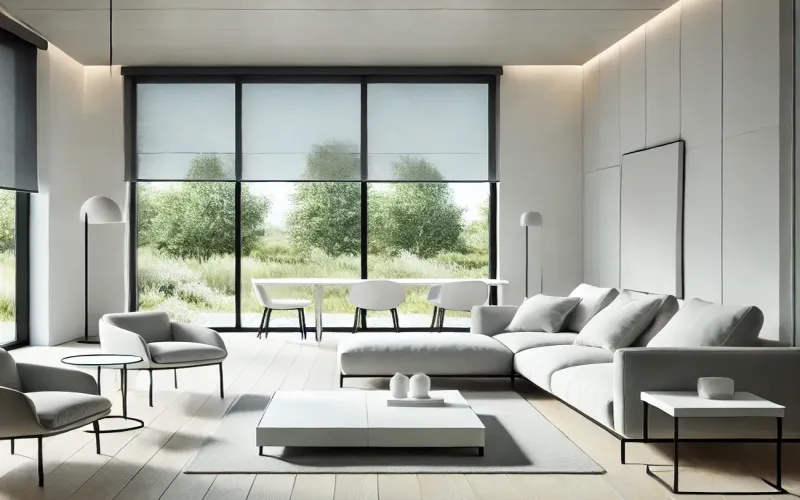 Interior minimalista con gran ventanal y cortinas ligeras