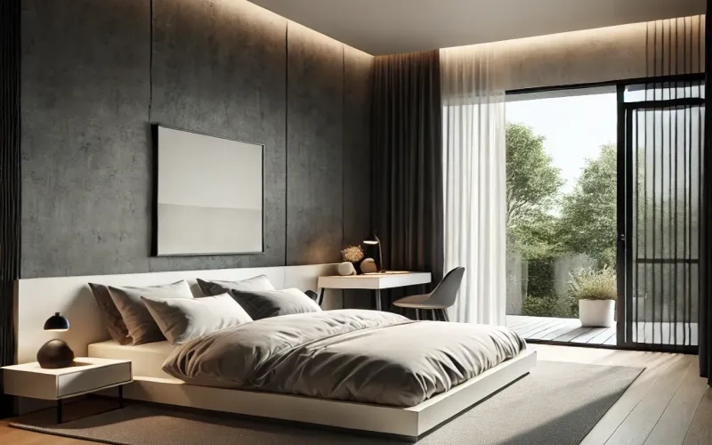 Cortinas estilo Minimalista en dormitorio con ventanal grande y decoración sobria – TextilCort