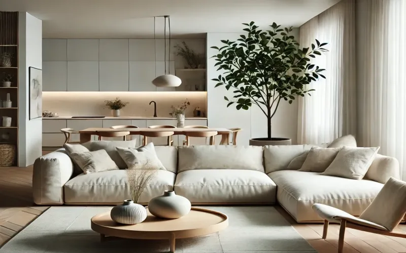 Cortinas estilo Minimalista en salón luminoso con cocina integrada – TextilCort