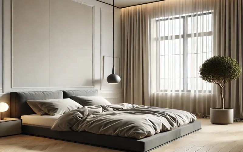Cortinas estilo Minimalista en dormitorio moderno con ventanal grande – TextilCort