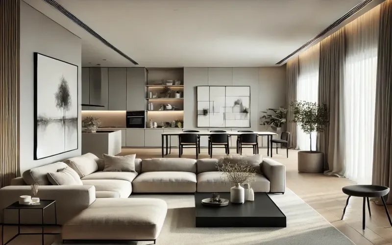 Cortinas estilo Minimalista en salón moderno con cocina integrada – TextilCort