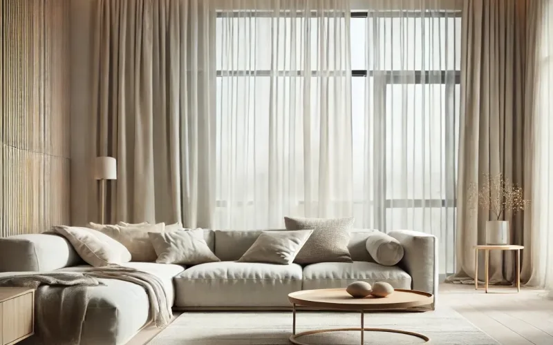 Cortinas estilo Minimalista en salón luminoso con ventanales grandes – TextilCort