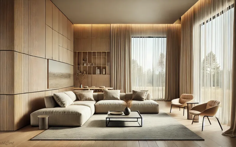 Cortinas estilo Minimalista en salón espacioso con ventanales grandes y mobiliario natural – TextilCort