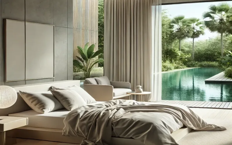 Cortinas estilo Minimalista en dormitorio luminoso con ventanal y vistas al jardín – TextilCort