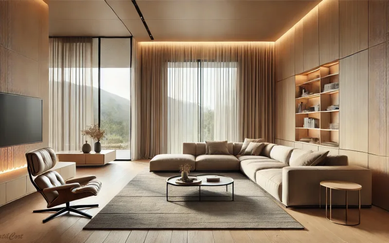 Cortinas estilo Minimalista en salón con gran ventanal y diseño sencillo – TextilCort