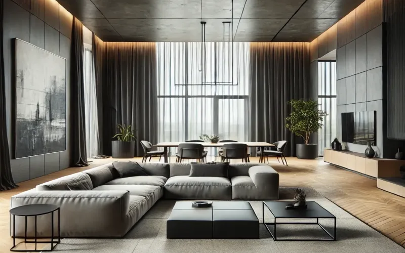 Cortinas estilo Minimalista en salón amplio con ventanales y diseño contemporáneo – TextilCort