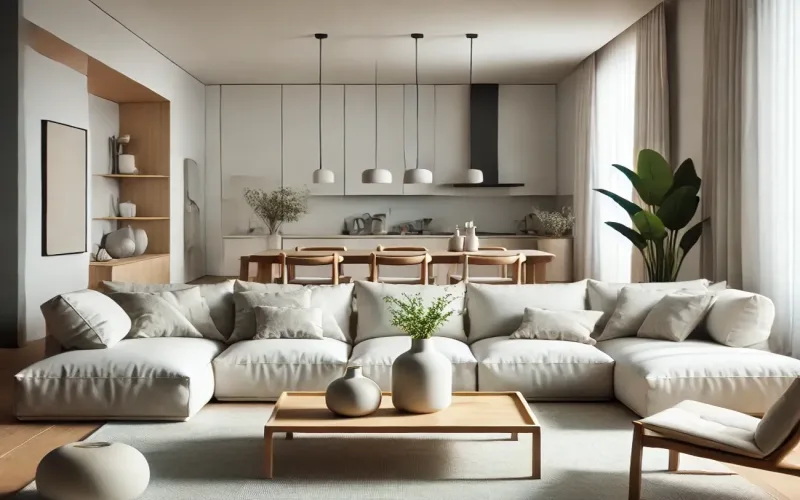 Cortinas estilo Minimalista en salón abierto con cocina y ventanales – TextilCort