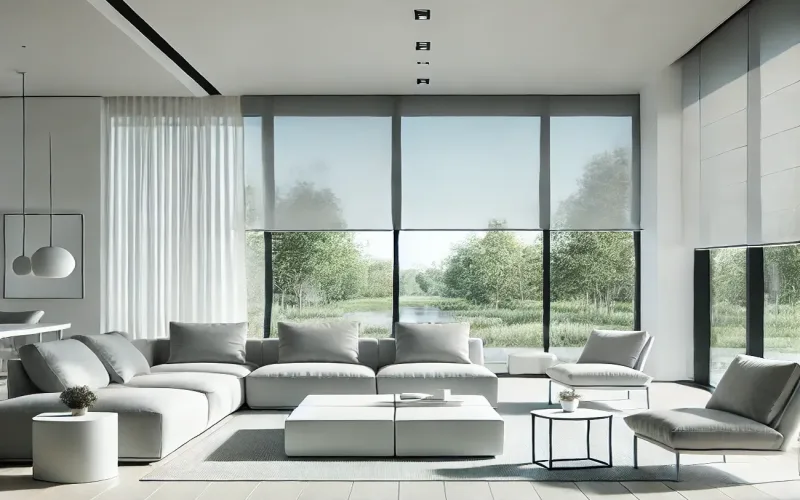 Ambiente decorativo de salón con cortinas de estilo minimalista