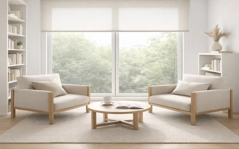 Cortinas estilo Minimalista en salón con estores enrollables y mobiliario sencillo – TextilCort