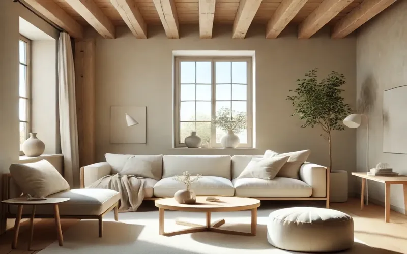 Cortinas estilo Minimalista en salón luminoso con ventanas grandes y madera natural – TextilCort