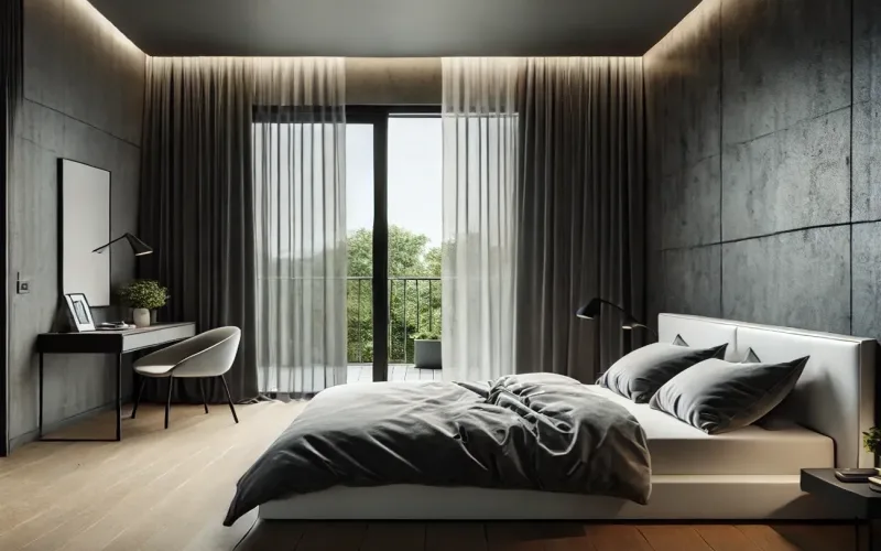 Cortinas estilo Minimalista en dormitorio moderno con ventanal grande – TextilCort