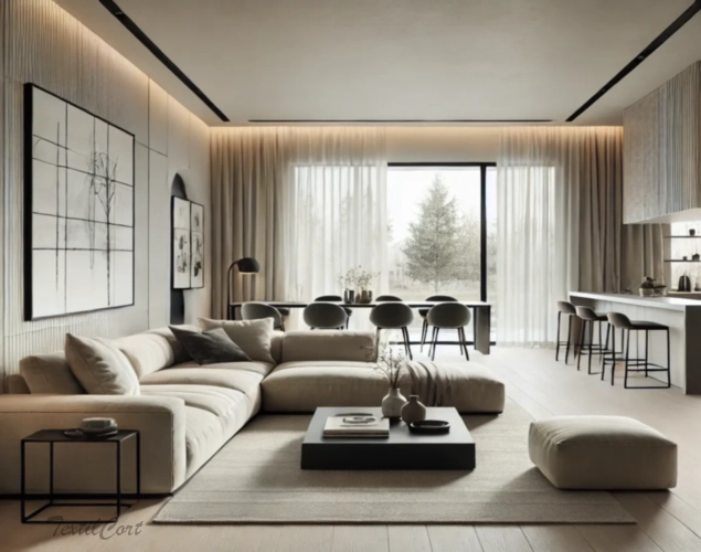 Cortinas estilo Minimalista en salón luminoso con ventanal y diseño contemporáneo – TextilCort