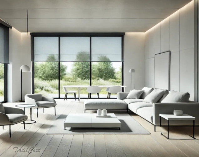 Cortinas estilo Minimalista con estores enrollables y gran ventanal – TextilCort