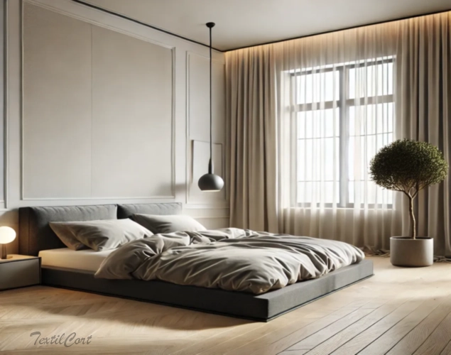 Cortinas estilo Minimalista en dormitorio moderno con ventanal grande – TextilCort