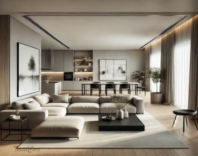 Cortinas estilo Minimalista en salón moderno con cocina integrada – TextilCort