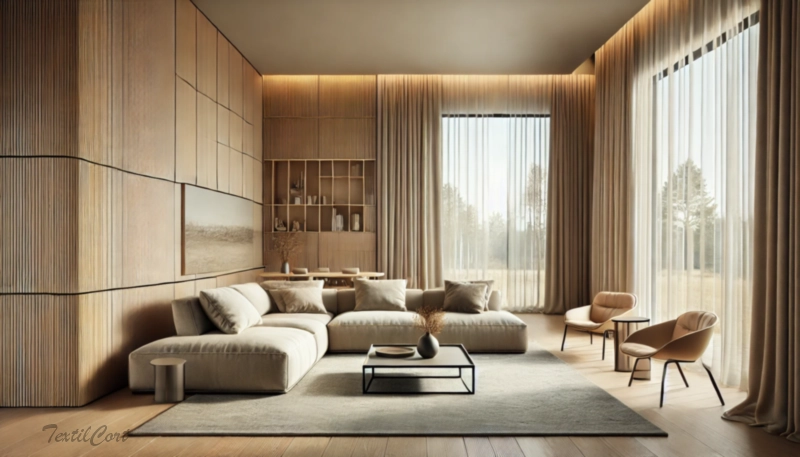 Cortinas estilo Minimalista en salón espacioso con ventanales grandes y mobiliario natural – TextilCort
