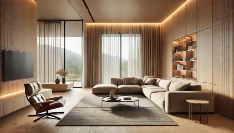 Cortinas estilo Minimalista en salón con gran ventanal y diseño sencillo – TextilCort