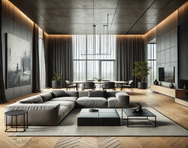 Cortinas estilo Minimalista en salón amplio con ventanales y diseño contemporáneo – TextilCort